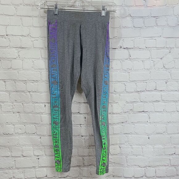 Justice Girls 12 LOVE Logo Legging Heather Gray Casual Stretch Pant Green Blue - Picture 2 of 7